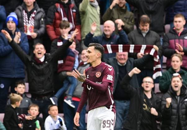 Alexander Kyziridis of Heart of Midlothian celebrates scoring Heart of Midlothian v Celtic, William Hill Scottish Premiership, Football, Tynecastle Park, Edinburgh, Scotland, UK - 26 Oct 2025Edinburgh Tynecastle Park United Kingdom EDITORIAL USE ONLY No use with unauthorised audio, video, data, fixture lists, club league logos or live services. Online in-match use limited to 120 images, no video emulation. No use in betting, games or single club league player publications. Copyright: xMarkxRunnacles Shutterstockx 15593438dw