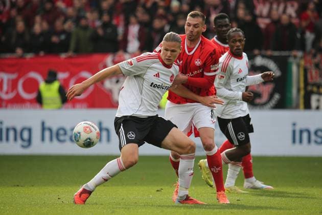 26.10.2025, xmohx, Fussball 2.Bundesliga, 1.FC Kaiserslautern - 1.FC Nürnberg v.l. Artem Stepanov (1.FC Nuernberg) Luca Sirch (1. FC Kaiserslautern) Zweikampf, Aktion, action, battle for the ball (DFL DFB REGULATIONS PROHIBIT ANY USE OF PHOTOGRAPHS as IMAGE SEQUENCES and or QUASI-VIDEO) Kaiserslautern