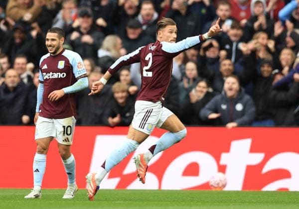 Birmingham, England, 26th October 2025. Matty Cash of Aston Villa (r) celebrates scoring their first goal during the Aston Villa vs Manchester City Premier League match at Villa Park, Birmingham. Picture credit should read: Jessica Hornby Sportimage EDITORIAL USE ONLY. No use with unauthorised audio, video, data, fixture lists, club league logos or live services. Online in-match use limited to 120 images, no video emulation. No use in betting, games or single club league player publications. SPI_024_JH_Villa_City SPI-4240-0023