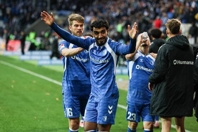 Torjubel - Torschütze Rayan Ghrieb (1. FC Magdeburg,29) trifft zum 2-0 - 2. Fußball Bundesliga Saison 2025-2026 1. FC Magdeburg vs. Preussen Münster in der Avnet Arena in Magdeburg - Aktion,Fußball,Mann,Männer,Deutschland,26.10.2025