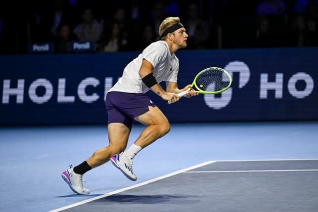 26th October 2025; St. Jakobshalle, Basel, Switzerland; 2025 ATP, Tennis Herren Swiss Indoor Tennis Final Day; Alejandro Davidovich Fokina (ESP) in action during the match against Joao Fonseca (BRA) in the final  DavidxEmm