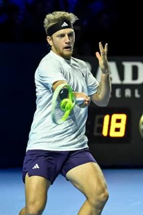 26th October 2025; St. Jakobshalle, Basel, Switzerland; 2025 ATP, Tennis Herren Swiss Indoor Tennis Final Day; Alejandro Davidovich Fokina (ESP) in action during the match against Joao Fonseca (BRA) in the final  DavidxEmm