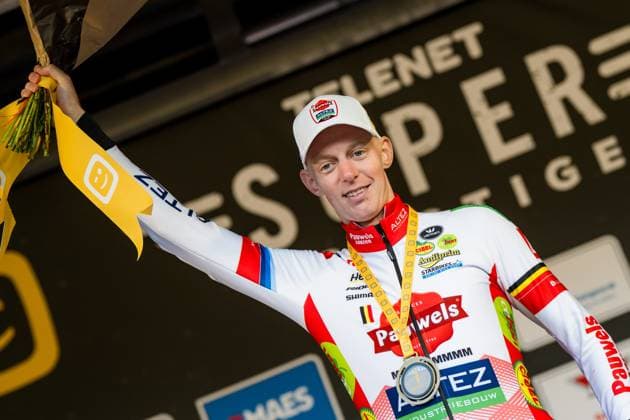 Belgian Michael Vanthourenhout pictured on the podium after the men s elite race of the Superprestige race of Overijse, stage 2 (out of 8) in the Superprestige cyclocross competition, in Overijse, Sunday 26 October 2025. JASPERxJACOBS  x138019464x