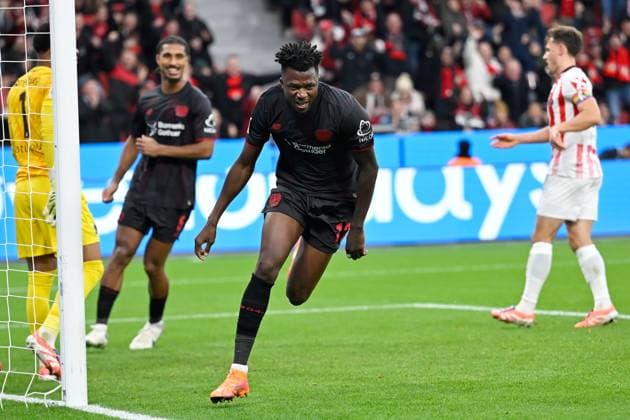Leverkusen, Bayarena, 26.10.25, GER, Herren, 1.Bundesliga, Saison 2025-2026, Bayer 04 Leverkusen - SC Freiburg Bild: Edmond TAPSOBA (Leverkusen) jubelt nach seinem Tor zum 2:0 Only for editorial use! DFL regulations prohibit any use of photographs as image sequences and or quasi-video. Nordrhein-Westfalen Deutschland