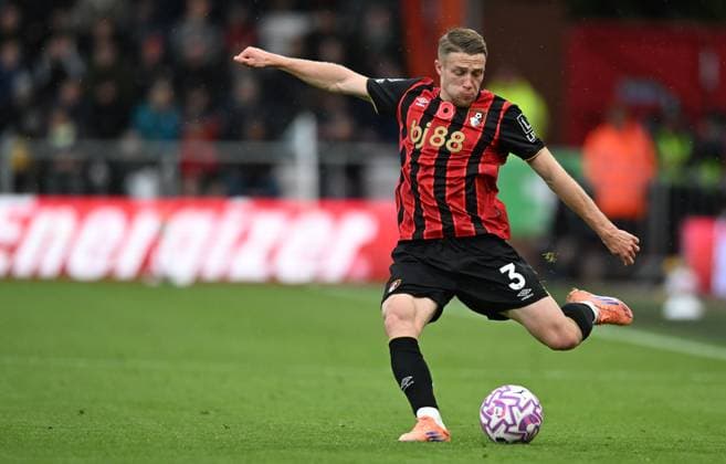 26th October 2025, Bournemouth, Dorset, England; Premier League Football, AFC Bournemouth versus Nottingham Forest; Adrien Truffert of Bournemouth crosses the ball  SimonxWest