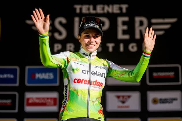 Italian Sara Casasola celebrates on the podium after winning the women s elite race of the Superprestige race of Overijse, stage 2 (out of 8) in the Superprestige cyclocross competition, in Overijse, Sunday 26 October 2025. JASPERxJACOBS  x138022320x