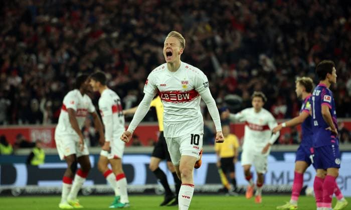 26.10.25 VfB Stuttgart - 1. FSV Mainz 05 Deutschland, Stuttgart, 26.10.2025, Fussball, Bundesliga, Saison 2025 2026, VfB Stuttgart - 1. FSV Mainz 05: Chris Führich (VfB Stuttgart); Jubel Tor 1:1 Führich.