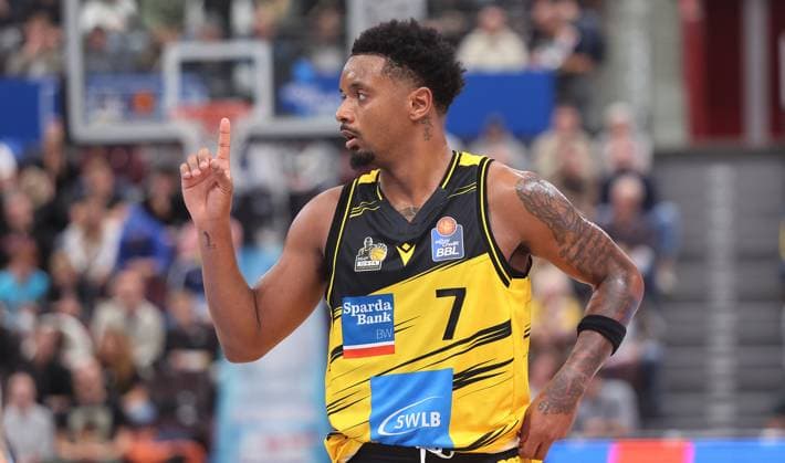 Ludwigsburg , easyCredit Basketball Bundesliga MHP Riesen Ludwigsburg vs. ratiopharm Ulm , Elijah Hughes ( Riesen )