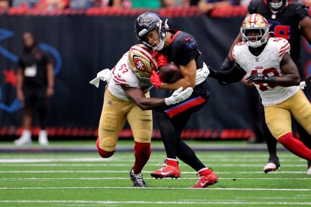 October 26, 2025, Houston, Texas, U.S: Houston Texans wide receiver Jayln Noel (14) is tackled by San Francisco 49ers linebacker Dee Winters (53) after a catch during the third quarter of the NFL, American Football Herren, USA game between the Houston Texans and the San Francisco 49ers at NRG Stadium in Houston, TX on October 26, 2025. Houston U.S - ZUMAw137 20251026_aap_w137_055 Copyright: xErikxWilliamsx