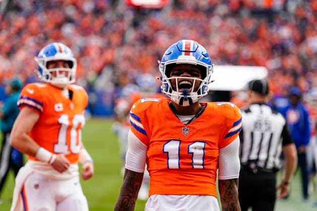 October 26, 2025: Denver Broncos wide receiver Troy Franklin (11) celebrates his second touchdown reception in the football game between the Denver Broncos and Dallas Cowboys. CSM. - ZUMAc04_ 20251026_zma_c04_242 Copyright: xDerekxRegensburgerx