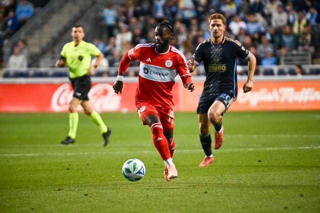 October 26, 2025, Chester, Pennsylvania, United States: Philadelphia Union player, forward BRUNO DAMIANI (20) in action against Chicago Fire player, JONATHAN BAMBA (19) during their playoff match at Subaru Park in Chester PA Chester United States - ZUMArf1_ 20251026_zaf_rf1_003 Copyright: xRickyxFitchettx