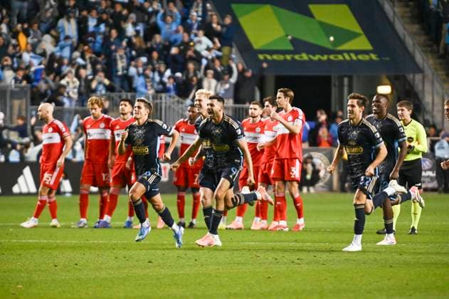 October 26, 2025, Chester, Pennsylvania, United States: Philadelphia Union players celebrate winning the shoot out and the match against the Chicago Fire at Subaru Park in Chester PA Chester United States - ZUMArf1_ 20251026_zaf_rf1_010 Copyright: xRickyxFitchettx