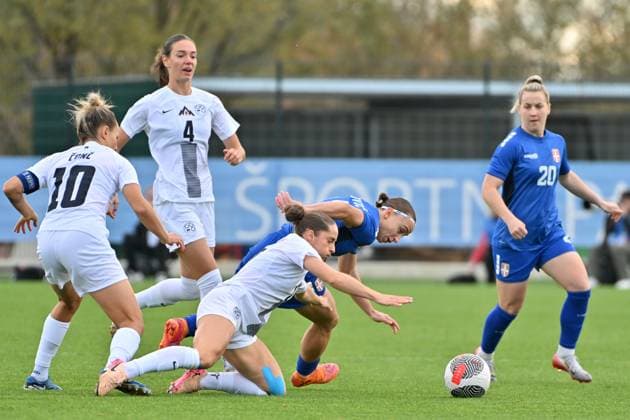 Radomlje, Slovenia, October 27th 2025, Izabela Krizaj of Slovenia (3L) in action against Miljana Ivanovic of Serbia (2R) during the International women?s football Friendly match between Slovenia and Serbia at Sports Park Radomlje, Radomlje, Slovenia. (Photo by Igor Kupljenik Sports Press Photo) Copyright: xIgorxKupljenikx xSPPx Sportspressphoto_SPR52569
