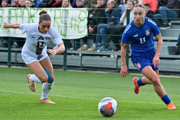 Radomlje, Slovenia, October 27th 2025, Izabela Krizaj of Slovenia (3L) in action against Miljana Ivanovic of Serbia (R) during the International women?s football Friendly match between Slovenia and Serbia at Sports Park Radomlje, Radomlje, Slovenia. (Photo by Igor Kupljenik Sports Press Photo) Copyright: xIgorxKupljenikx xSPPx Sportspressphoto_SPR52586