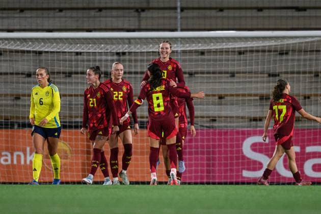251027 Mathilde Janzen of Germany celebrates after 0-4 during the International Friendly, Länderspiel, Nationalmannschaft under-23 football match between Sweden and Germany on October 27, 2025 in Malmö. Photo: Christoffer Borg Mattisson BILDBYRAN COP 261 CB0483 fotboll football soccer fotball u23 under 23 sverige sweden germany dam bbeng landslag jubel sverige sweden celebrates tyskland germany Copyright: CHRISTOFFERxBORGxMATTISSON BB251027CB083