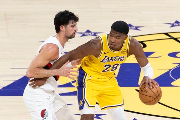 October 27, 2025, Los Angeles, California, USA: Los Angeles LakersÃ¢â‚¬â ¢ Rui Hachimura (28) drives against Portland Trail Blazers Deni Avdija (8) during an NBA, Basketball Herren, USA basketball game, in Los Angeles Monday, Oct. 27, 2025. Los Angeles USA - ZUMAc68_ 20251027_zaf_c68_020 Copyright: xRingoxChiux