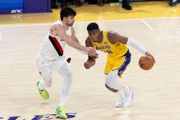 October 27, 2025, Los Angeles, California, USA: Los Angeles LakersÃ¢â‚¬â ¢ Rui Hachimura (28) drives against Portland Trail Blazers Deni Avdija (8) during an NBA, Basketball Herren, USA basketball game, in Los Angeles Monday, Oct. 27, 2025. Los Angeles USA - ZUMAc68_ 20251027_zaf_c68_024 Copyright: xRingoxChiux