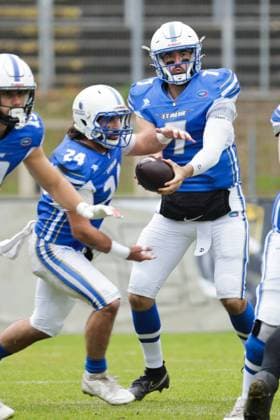 AMERICAN FOOTBALL - IFAF EC, ITA vs GER KREFELD,GERMANY,28.OCT.25 - AMERICAN FOOTBALL - IFAF European Championship, EM, Europameisterschaft bronze medal game, Italy vs Germany. Image shows Ryan Edward Minniti and Luke Zahradka (ITA).  GEPAxpictures xDavidxBitzan