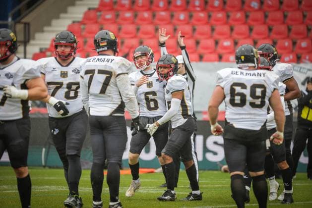 AMERICAN FOOTBALL - IFAF EC, ITA vs GER KREFELD,GERMANY,28.OCT.25 - AMERICAN FOOTBALL - IFAF European Championship, EM, Europameisterschaft bronze medal game, Italy vs Germany. Image shows the team of GER.  GEPAxpictures xDavidxBitzan