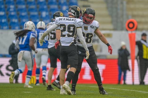 Luca Siebert (Team Germany, 28) and Simon Otto (Team Germany, 29) celebrating defense work, Team Germany vs Team Italy, American Football, European Championship, EM, Europameisterschaft Bronze Game, Season 2025, 28.10.2025, Krefeld Grotenburg Stadion Germany Copyright: xFootxBowl JUSTxSHOTSx