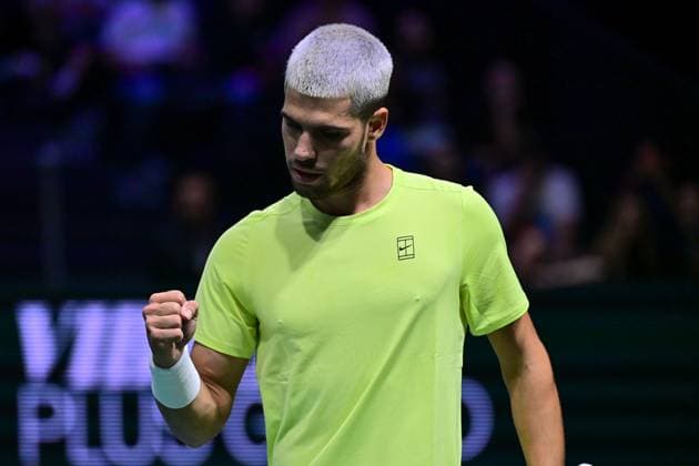 TENNIS : Rolex Paris Masters - Paris - 28 10 2025 Carlos Alcaraz ( Spain ) celebrates during the Rolex Paris Masters at Paris La Defense Arena on October 28, 2025 in Nanterre, France. (Photo by Federico Pestellini PSNewz ) ParisFrance  Copyright: xFedericoxPestellinix