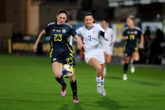 UK: Scotland v Switzerland, UEFA Women™s International Friendly, Länderspiel, Nationalmannschaft at East End Park, Dunfermline, Scotland on 28 October 2025: Pictured: Emma Lawton (Scotland) and Riola Xhemaili (Switzerland) Dunfermline East End Park Scotland Copyright: xAlexxToddx