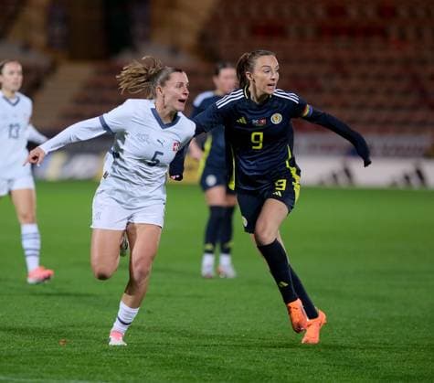 UK: Scotland v Switzerland, UEFA Women™s International Friendly, Länderspiel, Nationalmannschaft at East End Park, Dunfermline, Scotland on 28 October 2025: Pictured: Noelle Maritz (Switzerland) and Caroline Weir (Scotland) Dunfermline East End Park Scotland Copyright: xAlexxToddx