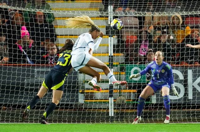 Sydney Scherbenleib of Switzerland Women heads past Scotland Women goalkeeper Lee Gibson while under pressure from Emma Lawton of Scotland Women andscores to give Switzerland a 0-1 lead. Scotland Women v Switzerland Women, International Friendly, Länderspiel, Nationalmannschaft Football, KDM Group East End Park, Dunfermline, Scotland, UK - 28 Oct 2025Dunfermline KDM Group East End Park Scotland United Kingdom EDITORIAL USE ONLY No use with unauthorised audio, video, data, fixture lists, club league logos or live services. Online in-match use limited to 120 images, no video emulation. No use in betting, games or single club league player publications.  Copyright: xStuartxWallace Shutterstockx 15623644f