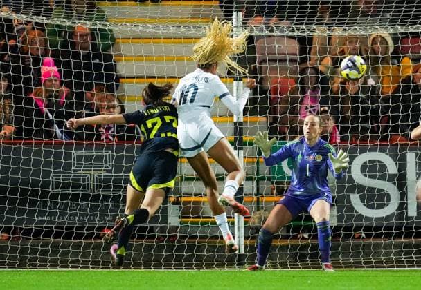 Sydney Scherbenleib of Switzerland Women heads past Scotland Women goalkeeper Lee Gibson while under pressure from Emma Lawton of Scotland Women andscores to give Switzerland a 0-1 lead. Scotland Women v Switzerland Women, International Friendly, Länderspiel, Nationalmannschaft Football, KDM Group East End Park, Dunfermline, Scotland, UK - 28 Oct 2025Dunfermline KDM Group East End Park Scotland United Kingdom EDITORIAL USE ONLY No use with unauthorised audio, video, data, fixture lists, club league logos or live services. Online in-match use limited to 120 images, no video emulation. No use in betting, games or single club league player publications.  Copyright: xStuartxWallace Shutterstockx 15623644i
