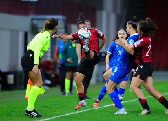 October 28, 2025, Tirana, Tirana, Albania: Arbenita Curraj (C) of Albania in action during their FIFA Women s World Cup 2027 Promotion Relegation play-off match Albania vs Cyprus at Air Albania Stadium in Tirana, Albania on 28 October 2025. Tirana Albania - ZUMAb266 20251028_zip_b266_007 Copyright: xArmandoxBabanix