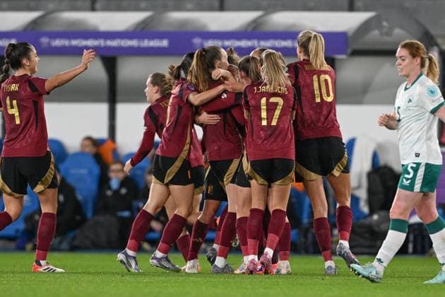 BELGIUM VS IRELAND Tessa Wullaert (9) of Belgium celebrates after scoring the 2-0 goal during a women football game between the national teams of the republic of Ireland and Belgium, called the Red Flames for the second leg of the Promotion relegation play-off in the Uefa Womens Nations League 2025, on Tuesday 28 October 2025 in Leuven , BELGIUM . Photo Sportpix David Catry Leuven King Power Stadium BELGIUM  Copyright: xSportpix.bex xDavidxCatryxDavidxCatryx