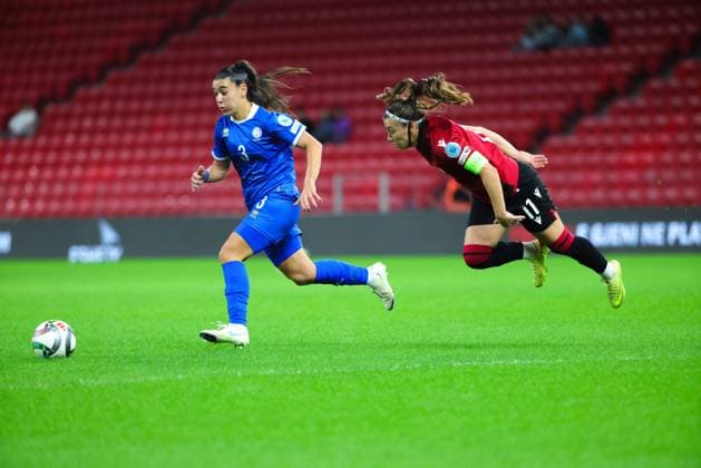 October 28, 2025, Tirana, Tirana, Albania: Chryso Michael of Cyprus fight for the ball with Megi Doci of Albania during their FIFA Women s World Cup 2027 Promotion Relegation play-off match Albania vs Cyprus at Air Albania Stadium in Tirana, Albania on 28 October 2025. Tirana Albania - ZUMAb266 20251028_zip_b266_013 Copyright: xArmandoxBabanix