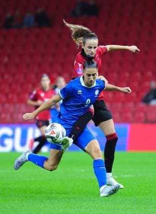 October 28, 2025, Tirana, Tirana, Albania: Antri Violari of Cyprus in action against Arbiona Bajraktari of Albania during their FIFA Women s World Cup 2027 Promotion Relegation play-off match Albania vs Cyprus at Air Albania Stadium in Tirana, Albania on 28 October 2025. Tirana Albania - ZUMAb266 20251028_zip_b266_020 Copyright: xArmandoxBabanix