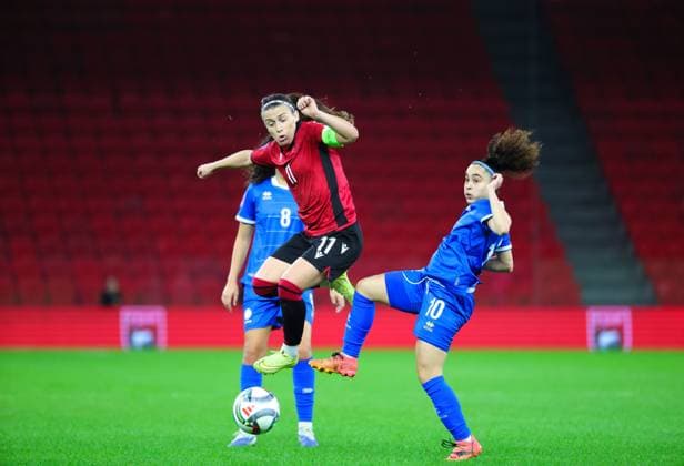 October 28, 2025, Tirana, Tirana, Albania: Elena Aristodimou of Cyprus in action against Megi Doci of Albania during their FIFA Women s World Cup 2027 Promotion Relegation play-off match Albania vs Cyprus at Air Albania Stadium in Tirana, Albania on 28 October 2025. Tirana Albania - ZUMAb266 20251028_zip_b266_022 Copyright: xArmandoxBabanix