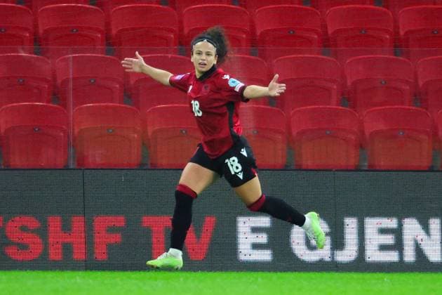 October 28, 2025, Tirana, Tirana, Albania: Sara Begallo of Albania celebrate her second goal for her team during their FIFA Women s World Cup 2027 Promotion Relegation play-off match Albania vs Cyprus at Air Albania Stadium in Tirana, Albania on 28 October 2025. Tirana Albania - ZUMAb266 20251028_zip_b266_025 Copyright: xArmandoxBabanix