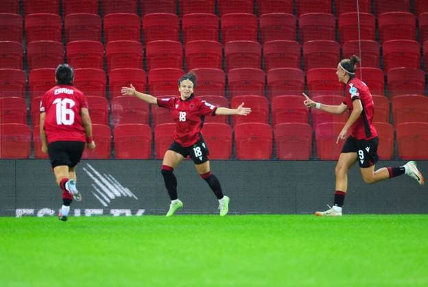 October 28, 2025, Tirana, Tirana, Albania: Sara Begallo of Albania celebrate her second goal for her team during their FIFA Women s World Cup 2027 Promotion Relegation play-off match Albania vs Cyprus at Air Albania Stadium in Tirana, Albania on 28 October 2025. Tirana Albania - ZUMAb266 20251028_zip_b266_026 Copyright: xArmandoxBabanix