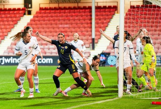 Kathleen McGovern of Scotland Women scores to tie the game 2-2. Scotland Women v Switzerland Women, International Friendly, Länderspiel, Nationalmannschaft Football, KDM Group East End Park, Dunfermline, Scotland, UK - 28 Oct 2025Dunfermline KDM Group East End Park Scotland United Kingdom EDITORIAL USE ONLY No use with unauthorised audio, video, data, fixture lists, club league logos or live services. Online in-match use limited to 120 images, no video emulation. No use in betting, games or single club league player publications.  Copyright: xStuartxWallace Shutterstockx 15623644ab