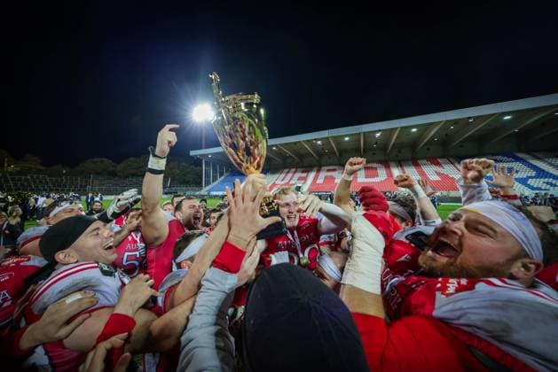AMERICAN FOOTBALL - IFAF EC, AUT vs FIN KREFELD,GERMANY,28.OCT.25 - AMERICAN FOOTBALL - IFAF European Championship, EM, Europameisterschaft gold medal game, final, Austria vs Finland. Image shows the rejoicing of AUT.  GEPAxpictures xDavidxBitzan