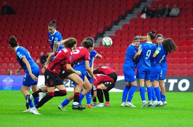October 28, 2025, Tirana, Tirana, Albania: Players in action during their FIFA Women s World Cup 2027 Promotion Relegation play-off match Albania vs Cyprus at Air Albania Stadium in Tirana, Albania on 28 October 2025. Tirana Albania - ZUMAb266 20251028_zip_b266_034 Copyright: xArmandoxBabanix