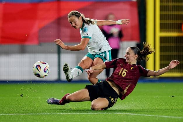 2025 UEFA Women s Nations League Promotion Relegation Play-off Second Leg, King Power at Den Dreef, Leuven, Belgium 28 10 2025 Belgium vs Republic of Ireland Ireland s Kyra Carusa shot on goal Kyra Carusa shot on goal 28 10 2025  Copyright: x INPHO RyanxByrnex RB1_1536