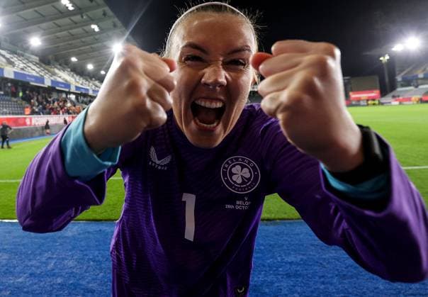 2025 UEFA Women s Nations League Promotion Relegation Play-off Second Leg, King Power at Den Dreef, Leuven, Belgium 28 10 2025 Belgium vs Republic of Ireland Ireland s goalkeeper Grace Moloney celebrates after the game Grace Moloney celebrates after the game 28 10 2025  Copyright: x INPHO RyanxByrnex RB3_3131