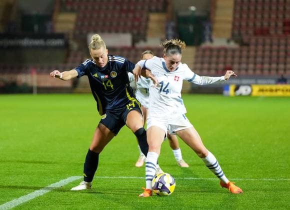 Rachel McLauchlan of Scotland Women vies for the ball with Smilla Vallotto of Switzerland Women Scotland Women v Switzerland Women, International Friendly, Länderspiel, Nationalmannschaft Football, KDM Group East End Park, Dunfermline, Scotland, UK - 28 Oct 2025Dunfermline KDM Group East End Park Scotland United Kingdom EDITORIAL USE ONLY No use with unauthorised audio, video, data, fixture lists, club league logos or live services. Online in-match use limited to 120 images, no video emulation. No use in betting, games or single club league player publications.  Copyright: xStuartxWallace Shutterstockx 15623644bu