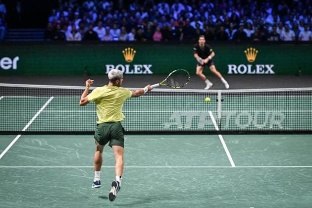 Carlos Alcaraz vs Cameron Norrie at Rolex Paris Masters 2025 in Paris FA Carlos Alcaraz competes against Cameron Norrie during the Rolex Paris Masters 2025 tournament at the Paris La Defense Arena in Paris, on October 28, 2025. Photo by Firas Abdullah ABACAPRESS.COM Paris Ile-de-France France  Copyright: xAbdullahxFiras ABACAx