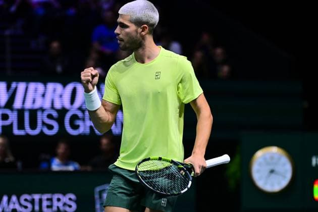 TENNIS : Rolex Paris Masters - Paris - 28 10 2025 Carlos Alcaraz ( Spain ) celebrates during the Rolex Paris Masters at Paris La Defense Arena on October 28, 2025 in Nanterre, France. (Photo by Federico Pestellini PSNewz ) ParisFrance  Copyright: xFedericoxPestellinix