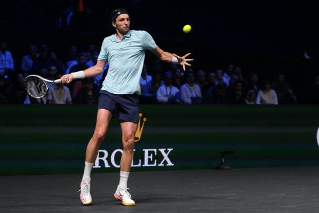 October 29, 2025, Nanterre, Hauts De Seine, France: VALENTIN VACHEROT (MON) returns the ball to ARTHUR RINDERKNECH (FRA) during the second round of Rolex Paris Masters 1000 tournament at La Defense Arena Stadium - Nanterre - France..Vacherot won 6:7 6:3 6:4 Nanterre France - ZUMAp119 20251029_zaf_p119_010 Copyright: xPierrexSteveninx