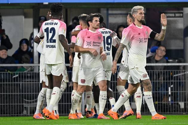 Paderborn, Home Deluxe Arena, 29.10.25, GER, Herren, DFB-Pokal, 2.Runde, Saison 2025-2026, SC Paderborn 07 - Bayer 04 Leverkusen Bild: Alejandro GRIMALDO (Leverkusen) jubelt nach seinem Tor zum 0:1 DFB regulations prohibit any use of photographs as image sequences and or quasi-video. Nordrhein-Westfalen Deutschland
