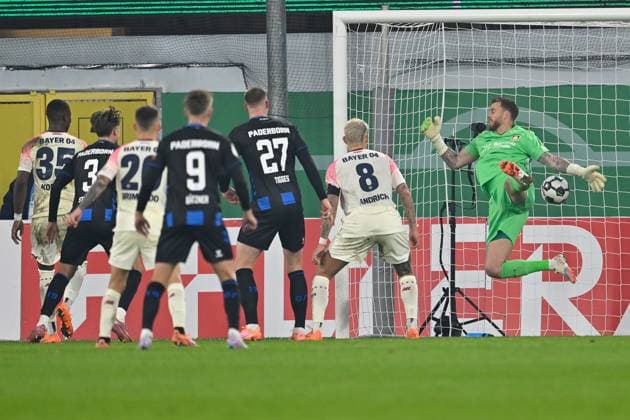Paderborn, Home Deluxe Arena, 29.10.25, GER, Herren, DFB-Pokal, 2.Runde, Saison 2025-2026, SC Paderborn 07 - Bayer 04 Leverkusen Bild: Stefano MARINO (Paderborn) macht das Tor zum 1:1 DFB regulations prohibit any use of photographs as image sequences and or quasi-video. Nordrhein-Westfalen Deutschland