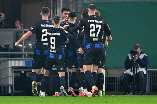Paderborn, Home Deluxe Arena, 29.10.25, GER, Herren, DFB-Pokal, 2.Runde, Saison 2025-2026, SC Paderborn 07 - Bayer 04 Leverkusen Bild: Stefano MARINO (Paderborn) jubelt nach seinem Tor zum 1:1 DFB regulations prohibit any use of photographs as image sequences and or quasi-video. Nordrhein-Westfalen Deutschland