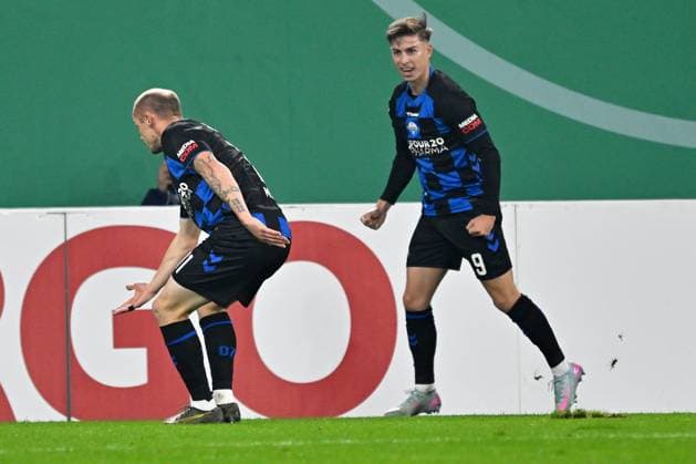 Paderborn, Home Deluxe Arena, 29.10.25, GER, Herren, DFB-Pokal, 2.Runde, Saison 2025-2026, SC Paderborn 07 - Bayer 04 Leverkusen Bild: Sven MICHEL (Paderborn) jubelt nach seinem Tor zum 2:1 DFB regulations prohibit any use of photographs as image sequences and or quasi-video. Nordrhein-Westfalen Deutschland
