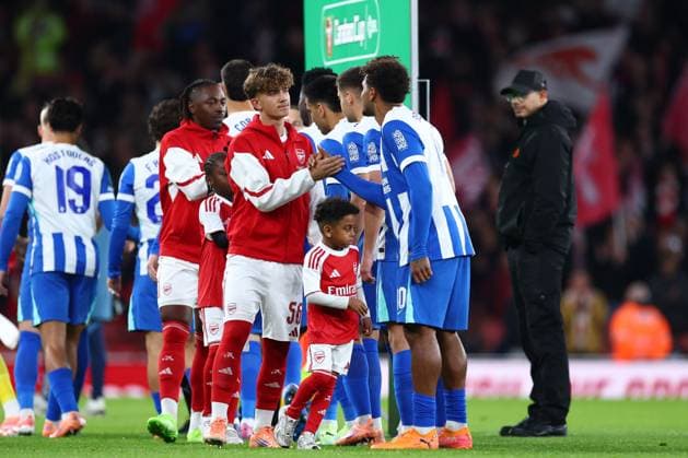 Max Dowman of Arsenal shake hands with Brighton & Hove Albion players ahead of kick off Arsenal v Brighton and Hove Albion, EFL Carabao Cup, Fourth Round, Football, Emirates Stadium, London, UK - 29 Oct 2025London Emirates Stadium United Kingdom EDITORIAL USE ONLY No use with unauthorised audio, video, data, fixture lists, club league logos or live services. Online in-match use limited to 120 images, no video emulation. No use in betting, games or single club league player publications. Copyright: xSimonxDael Shutterstockx 15627827o